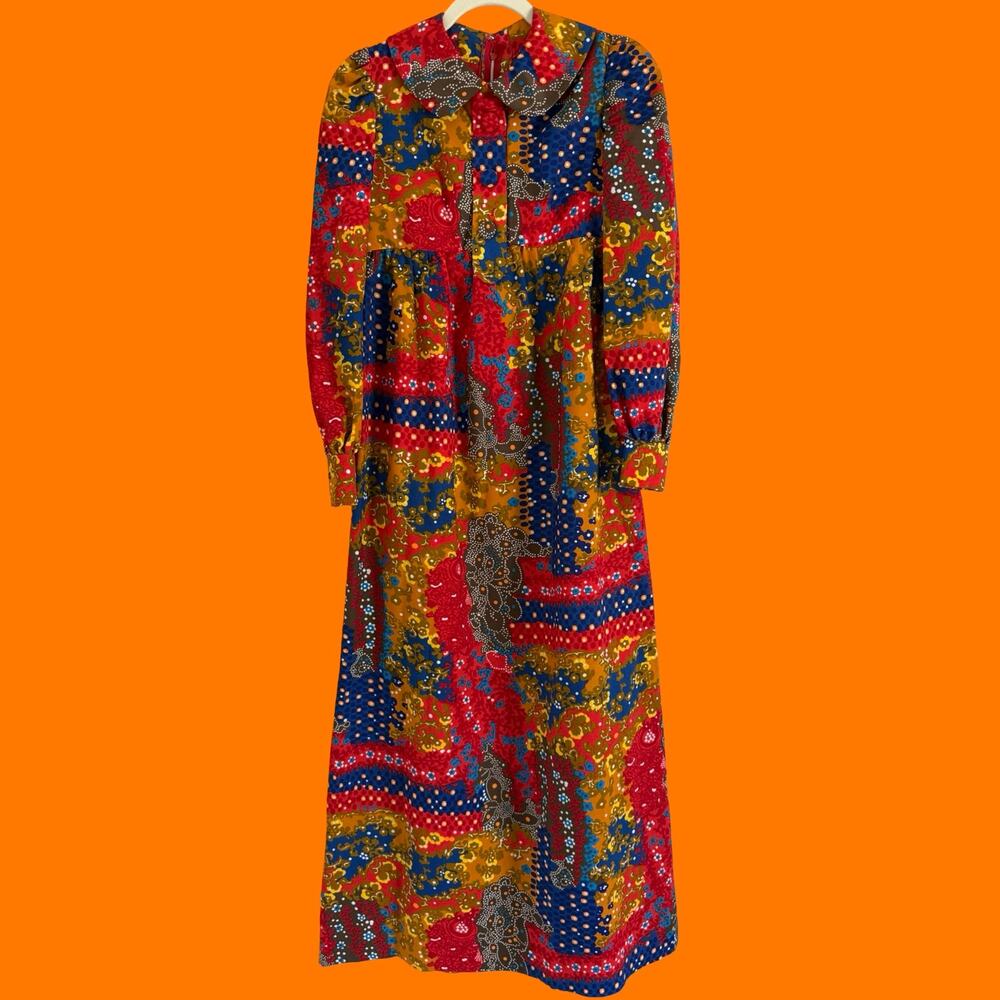 60's 70's vintage groovy psychedelic paisley long sleeve maxi dress XS